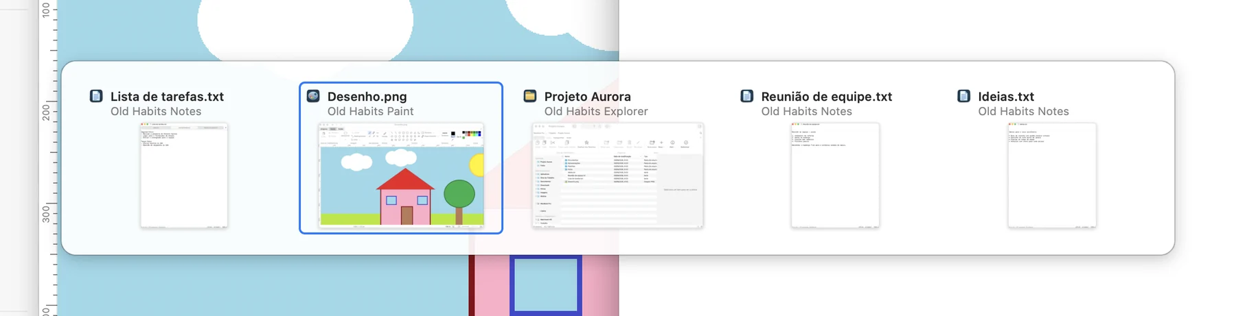Switcher aberto com ⌘Tab, mostrando uma miniatura para cada janela aberta.